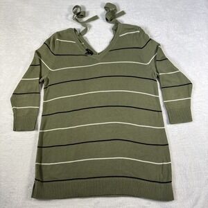 Talbots Petite Medium 100% Pima Cotton Sage Stripe Sweater 3/4 Sleeve Tie Accent